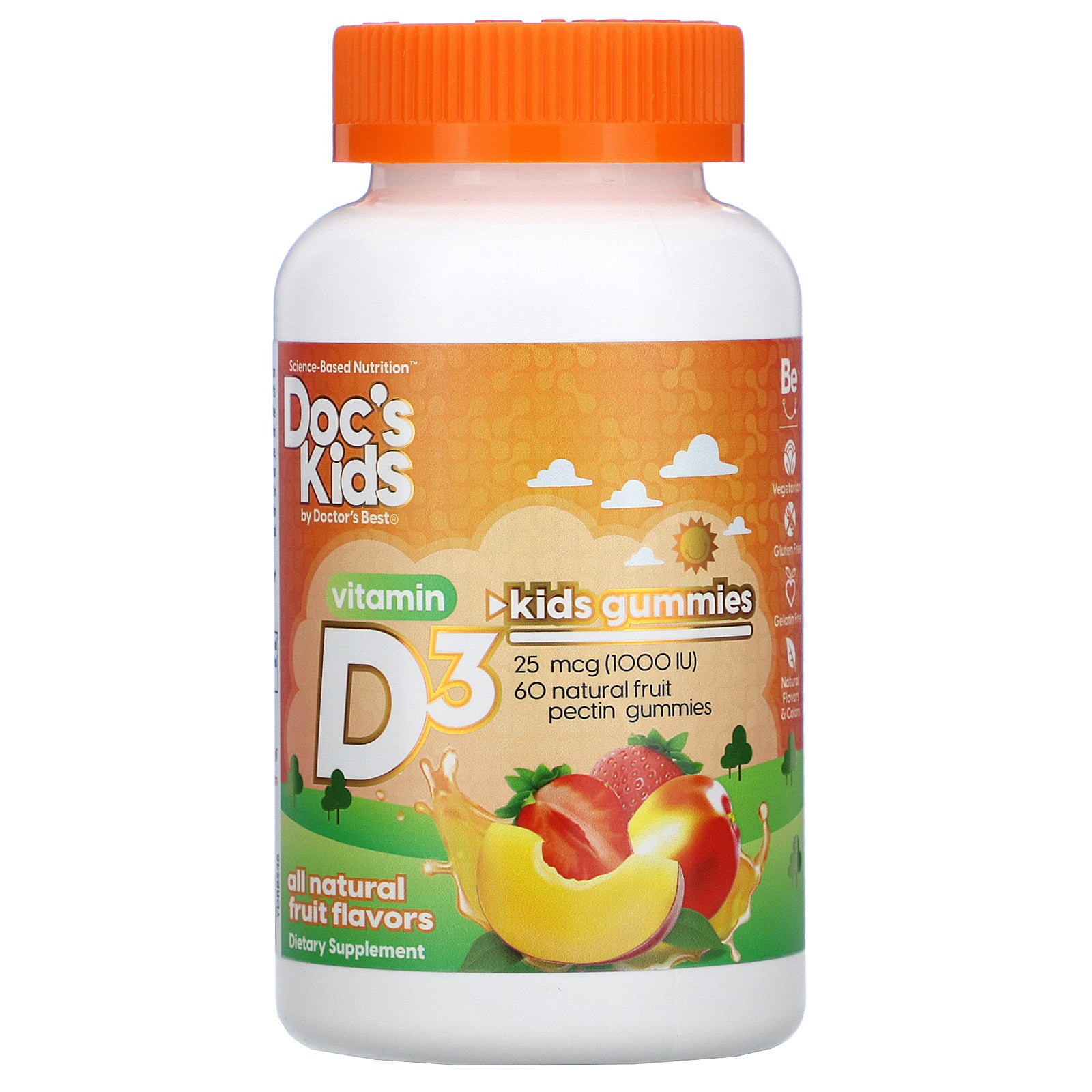 Doctor's Best, Doc's Kids, Vitamin D3 Gummies, All Natural Fruit Flavors, 25 mcg (1,000 IU), 60 Natural Fruit Pectin Gummies