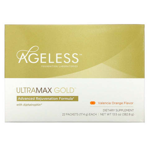 Ageless Foundation Laboratories, UltraMax Gold, Advanced Rejuvenation Formula with Alphatrophin, Valencia Orange Flavor, 22 Packets, 17.4 g Each