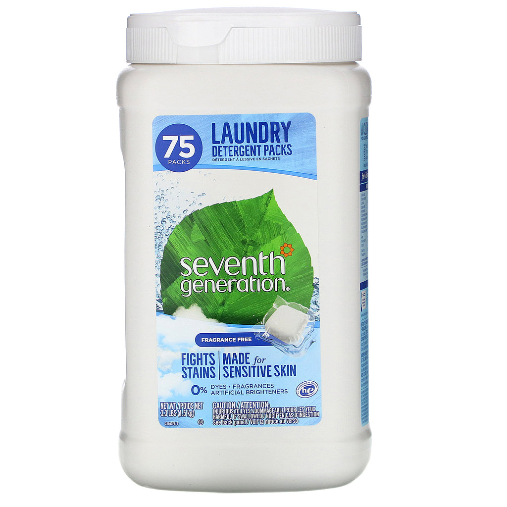 Seventh Generation, Laundry Detergent Packs, Fragrance Free, 75 Packs, 3.3 lbs (1.5 kg)