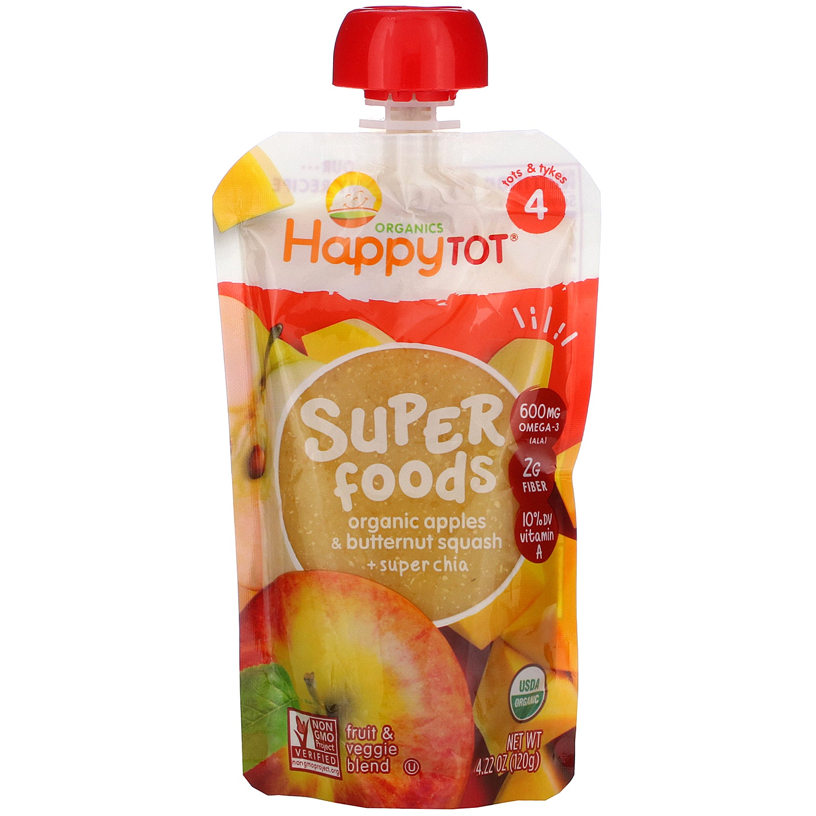 Happy Family Organics, Happy Tot, Superfoods,  Stage 4, Organic Apples & Butternut Squash + Super Chia, 4.22 oz (120 g)