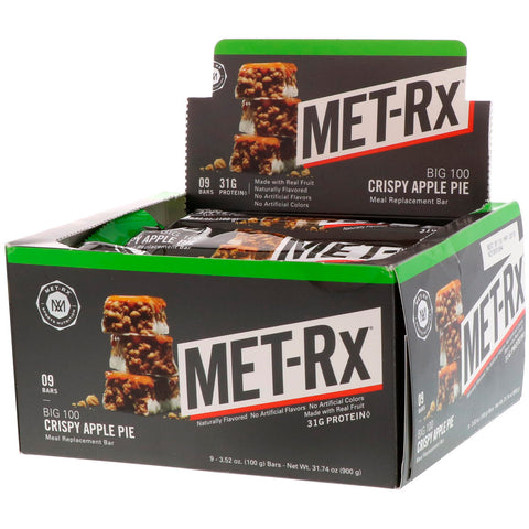 MET-Rx, Big 100, Meal Replacement Bar, Crispy Apple Pie, 9 Bars, 3.52 oz (100 g) Each