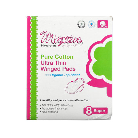 Maxim Hygiene Products, Pure Cotton, Ultra Thin Winged Pads, Super,  8 Pads