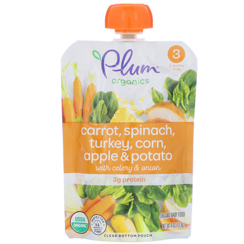 Plum Organics, Organic Baby Food, Stage 3, Carrot, Spinach, Turkey, Corn, Apple & Potato with Celery & Onion, 4 oz (113 g)