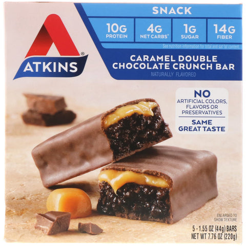 Atkins, Snack, Caramel Double Chocolate Crunch Bar, 5 Bars, 1.55 oz (44 g) Each