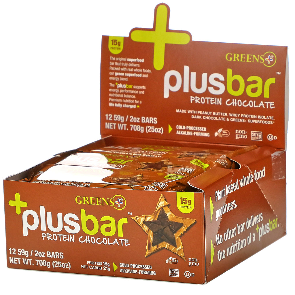 Greens Plus, Plusbar, Protein Chocolate, 12 Bars, 2 oz (59 g) Each
